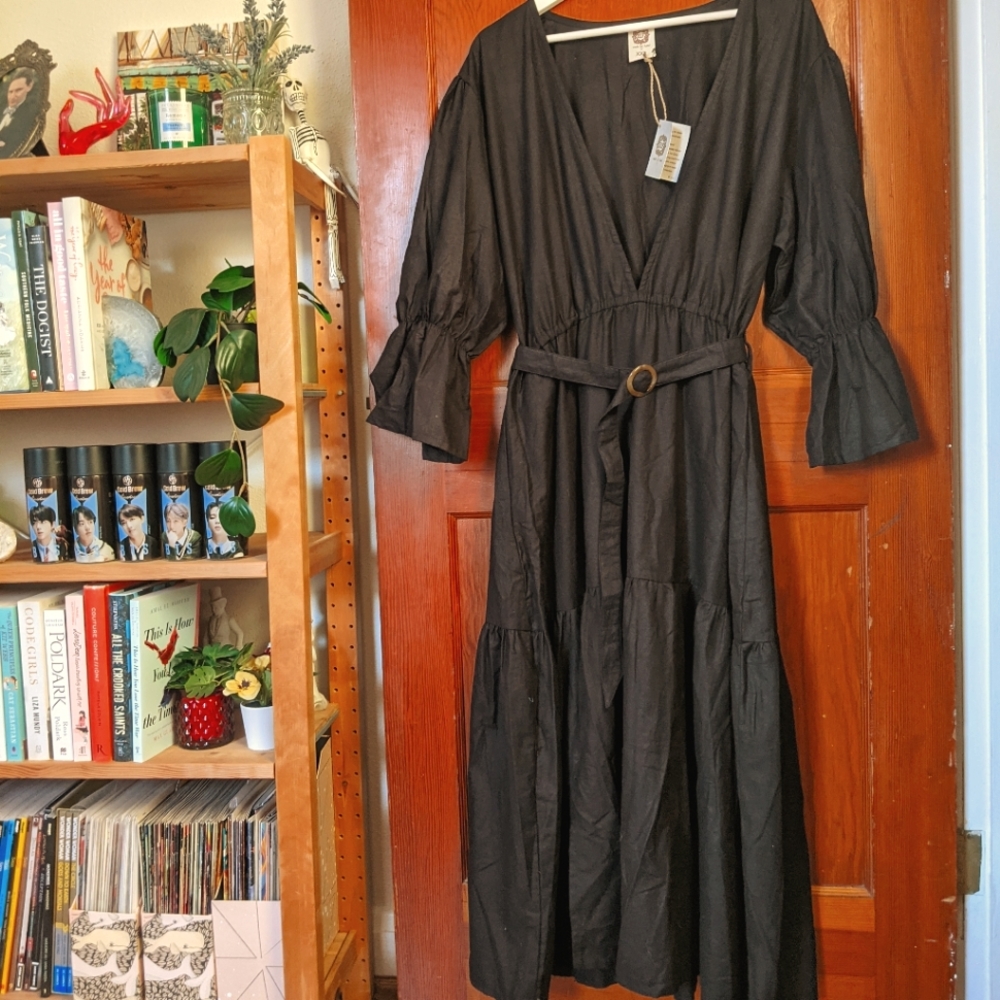 Belted Cotton V-Neck Midi Dress